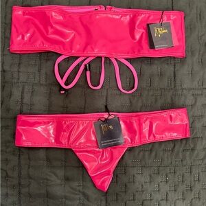 Meltdown Women's underwear Shiny Two-Piece Set Pink Vinyl Bikini Set
